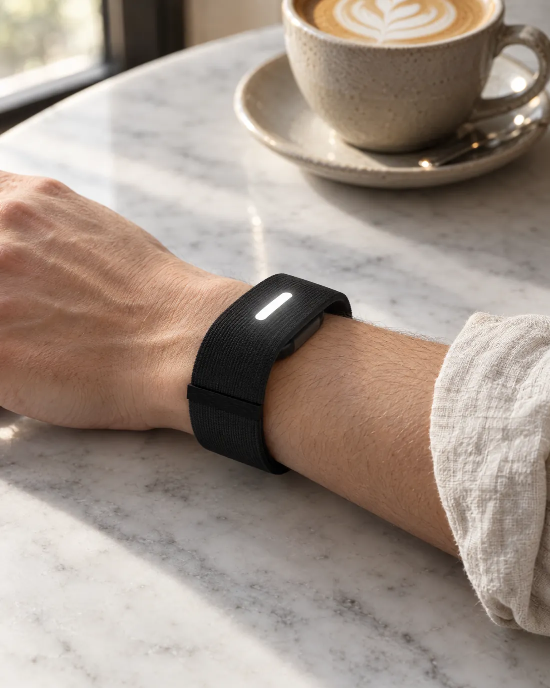 The Kiwi Band on a wrist resting on a marble café table beside a coffee: a slim black knit band over a small flat pod, its light glowing softly.